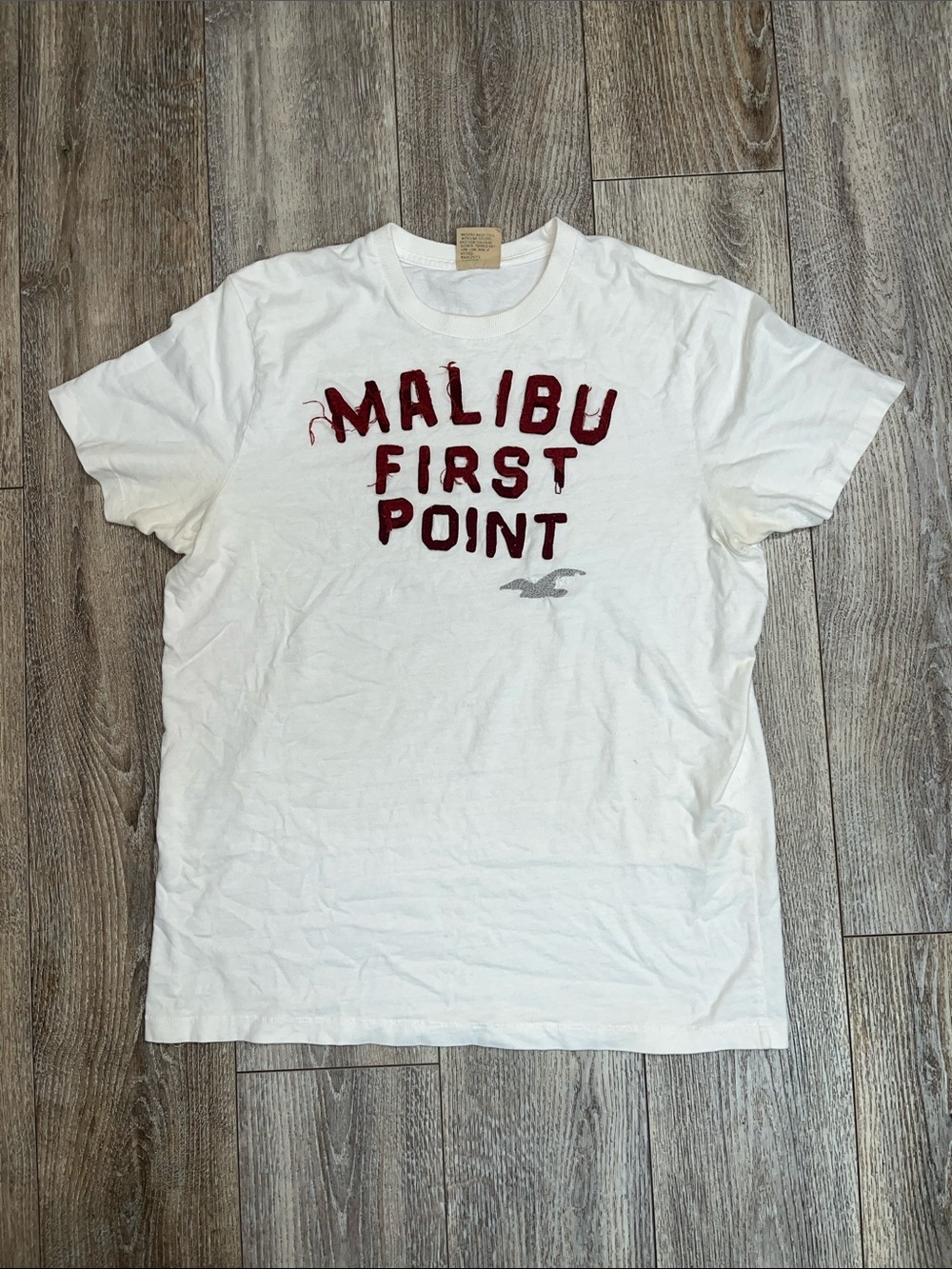 Hollister White Tee with Maroon Malibu Graphic